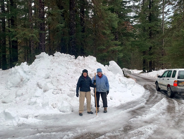 Judy (in light blue) after talking over tea and quiche