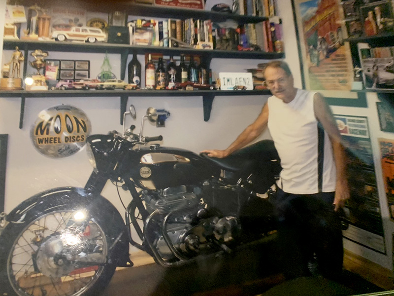 Shel in his very tidy garage with his 1957 Ariel Square Four. When we rode it in the early 1960s, it sported a windshield. Or maybe it has a bedroom all of its own! Shel in his very tidy garage with his 1957 Ariel Square Four. When we rode it in the early 1960s, it sported a windshield. Or maybe it has a bedroom all of its own!